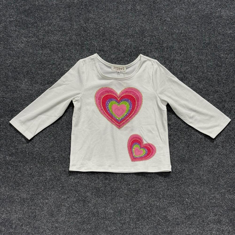 Hannah Banana Shirt Girls 8 White Heart Sequin Long Sleeve Graphic Top New